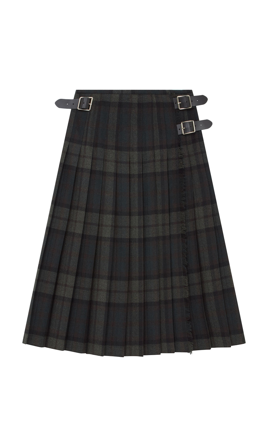 Plümo  The Campbell Kilt: dark plaid wool flannel with two silver buckles and black leather straps on the right waistband.