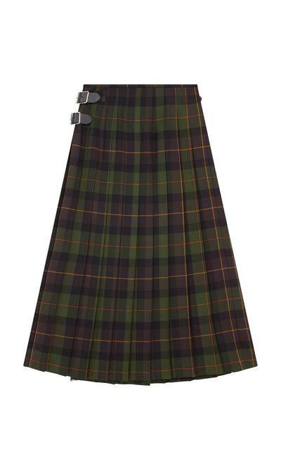 Plümo  Derry Kilt in green and black plaid, made in Ireland from worsted wool, shown flat on a white background.