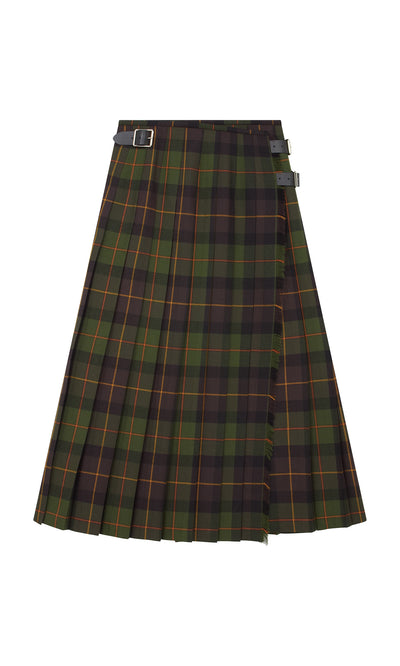 Plümo  Derry Kilt: green/brown tartan, worsted wool, pleats, 2 black leather side buckle straps.