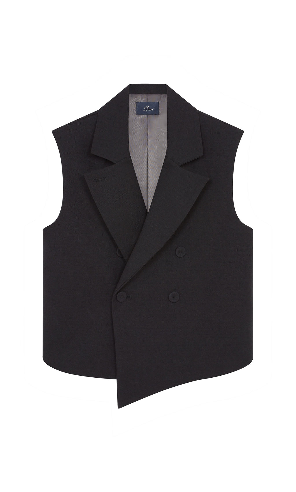 Plümo  Volta Waistcoat: Sleek black gabardine, asymmetric hem, notch collar, sustainably made in Italy.