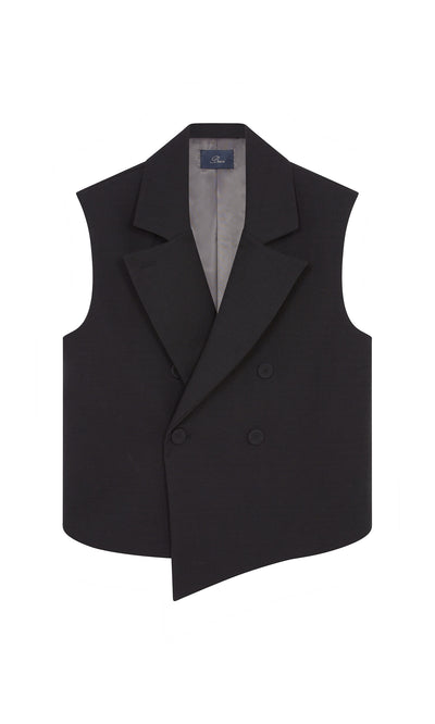 Plümo  Volta Waistcoat: Sleek black gabardine, asymmetric hem, notch collar, sustainably made in Italy.