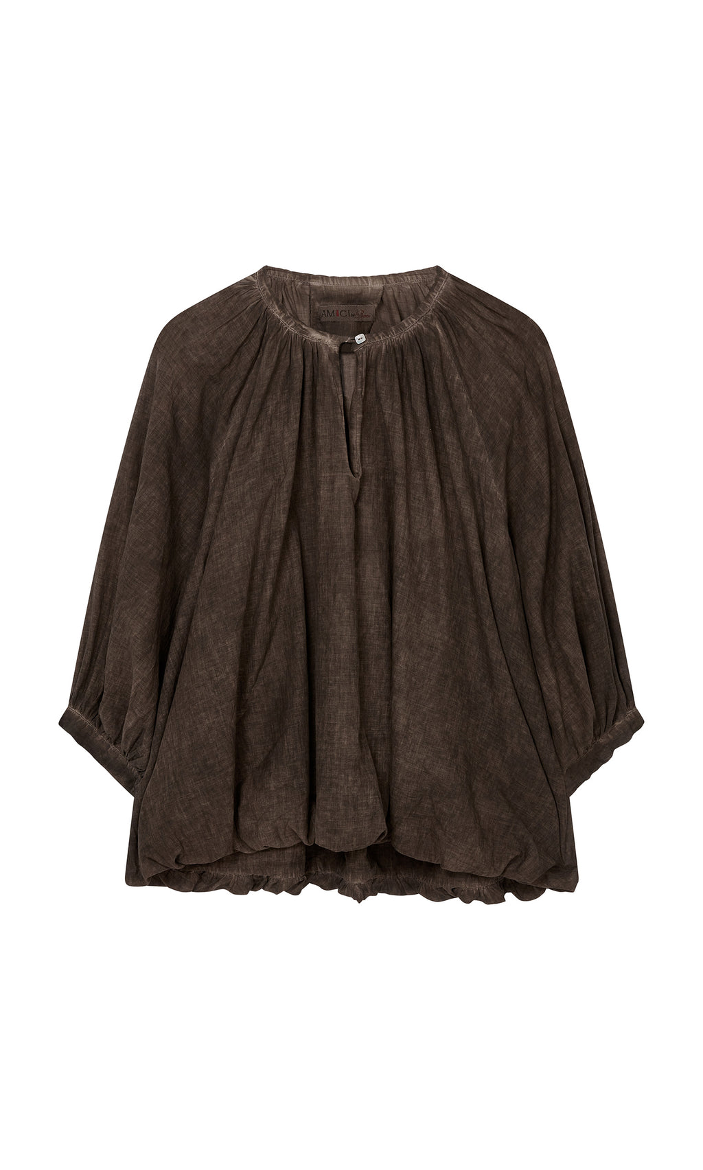 Plümo  Loose, dark brown, long-sleeve cotton blouse with gathered neckline, bubble hem, and a single button at the collar.