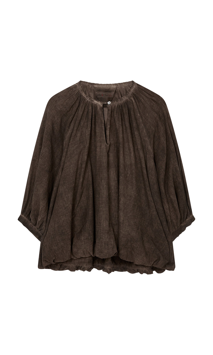 Plümo  Loose, dark brown, long-sleeve cotton blouse with gathered neckline, bubble hem, and a single button at the collar.