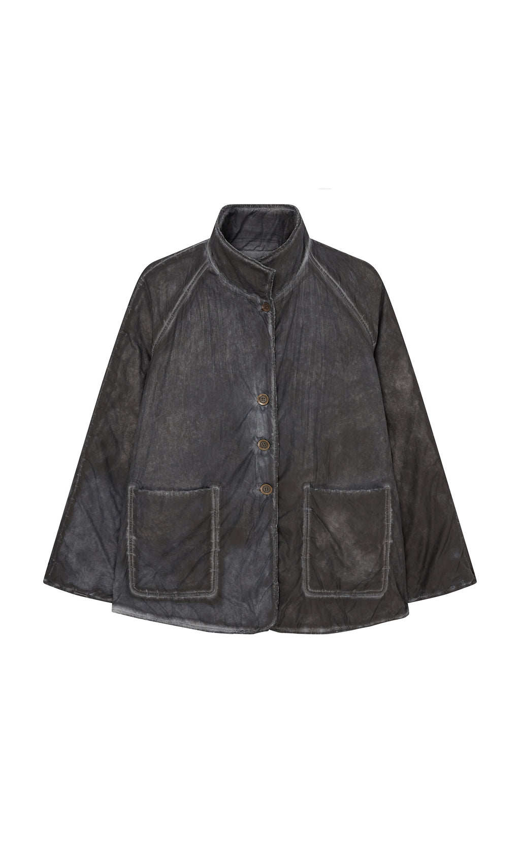 Plümo  Black Pepper Jacket in stone grey with two large front pockets, high collar, buttoned up on a white background.