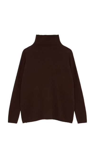 Plümo  Kloster Rollneck in brown ochre with long sleeves, shown laid flat on a white background for a classic look.