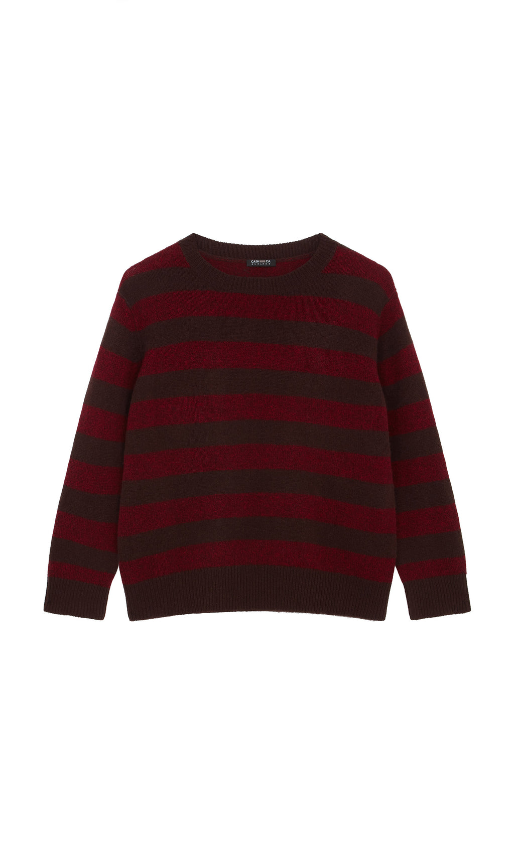 Plümo  Tilburg Stripe Jumper in maroon and dark brown, crew neck, shown flat on a white background.