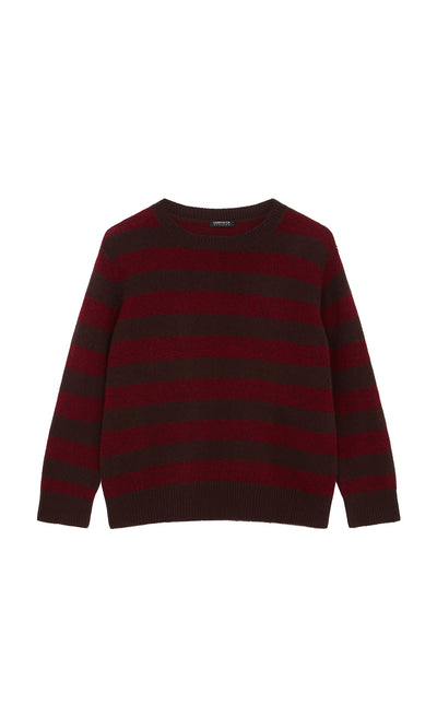 Plümo  Tilburg Stripe Jumper in maroon and dark brown, crew neck, shown flat on a white background.