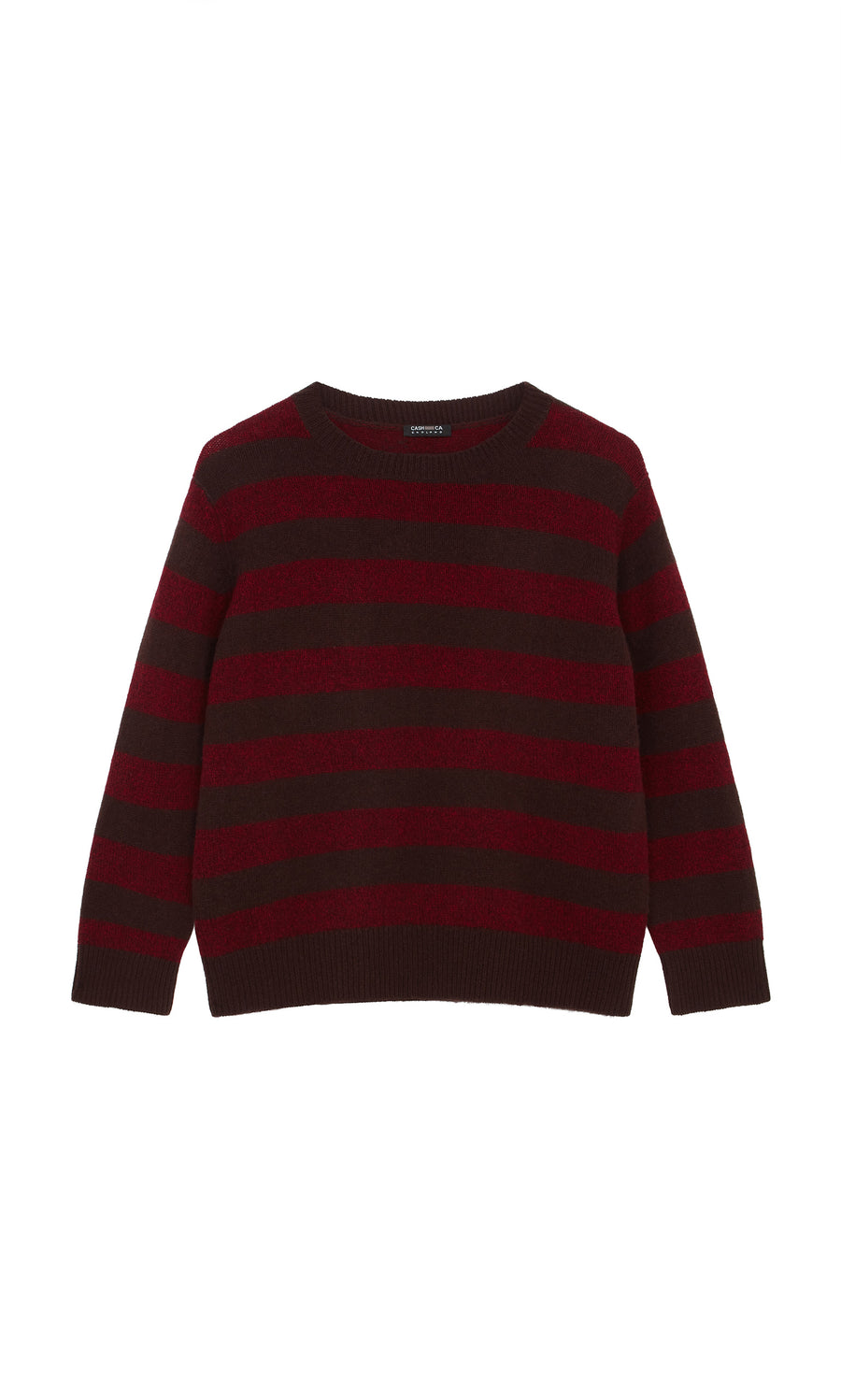 Plümo  Tilburg Stripe Jumper in maroon and dark brown, crew neck, shown flat on a white background.
