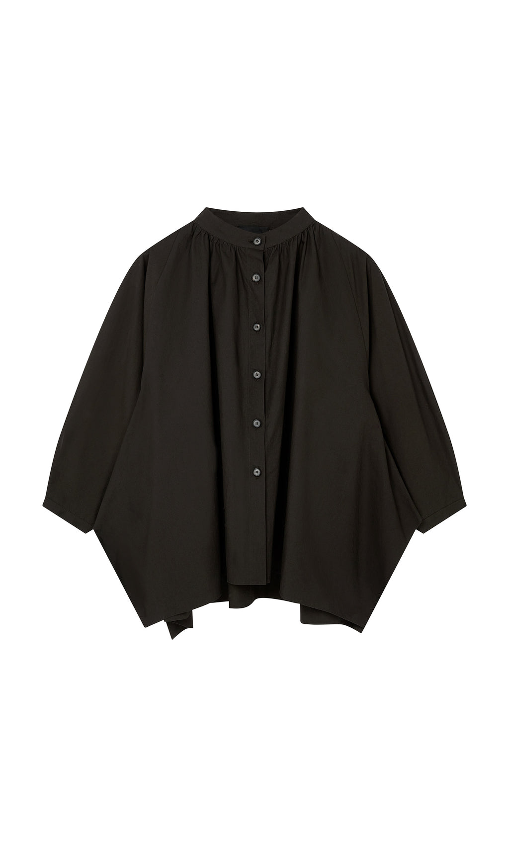 Plümo  Kroyer Blouse: Relaxed black Portuguese cotton, round neck, wide 3/4 balloon sleeves.