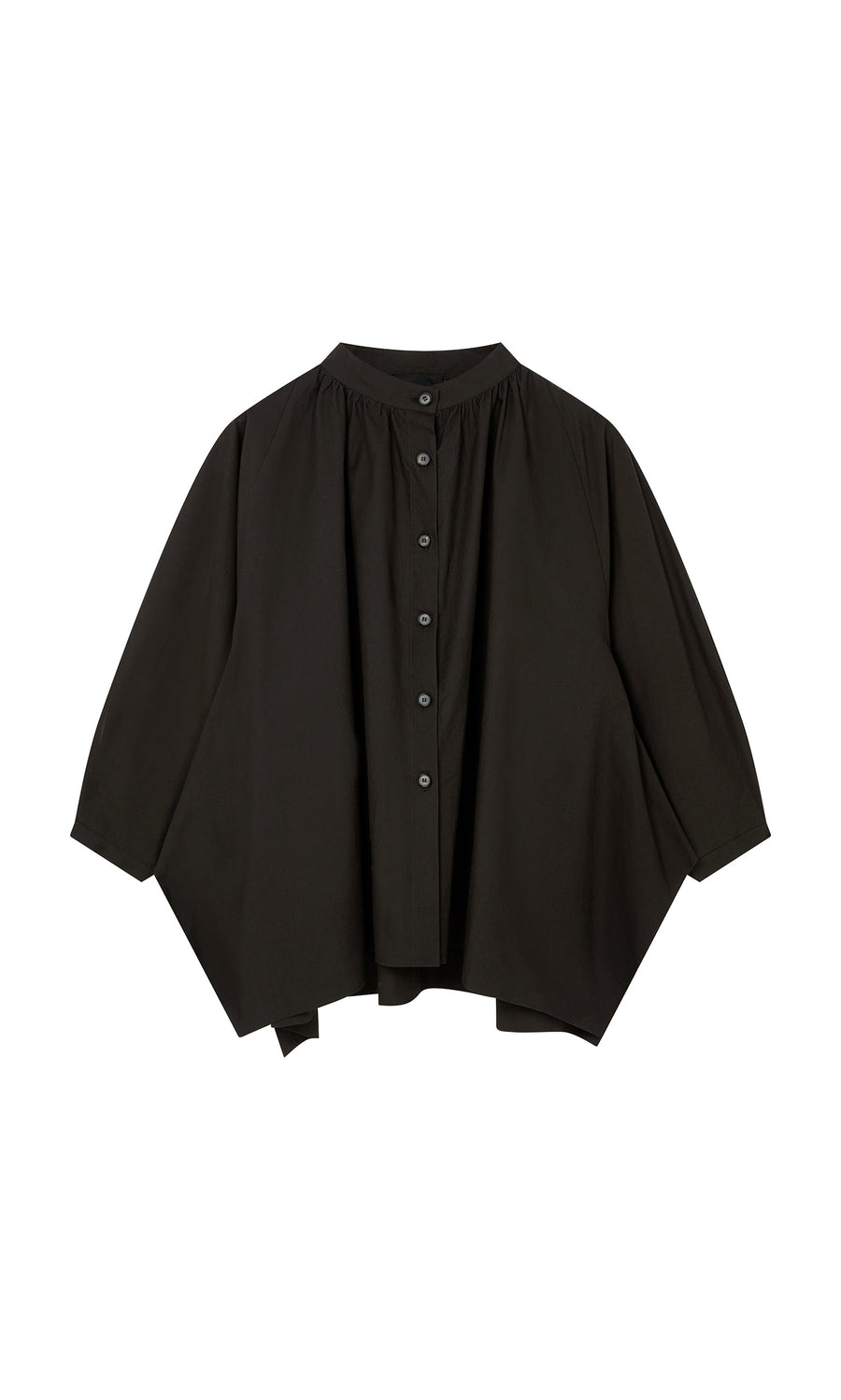 Plümo  Kroyer Blouse: Relaxed black Portuguese cotton, round neck, wide 3/4 balloon sleeves.