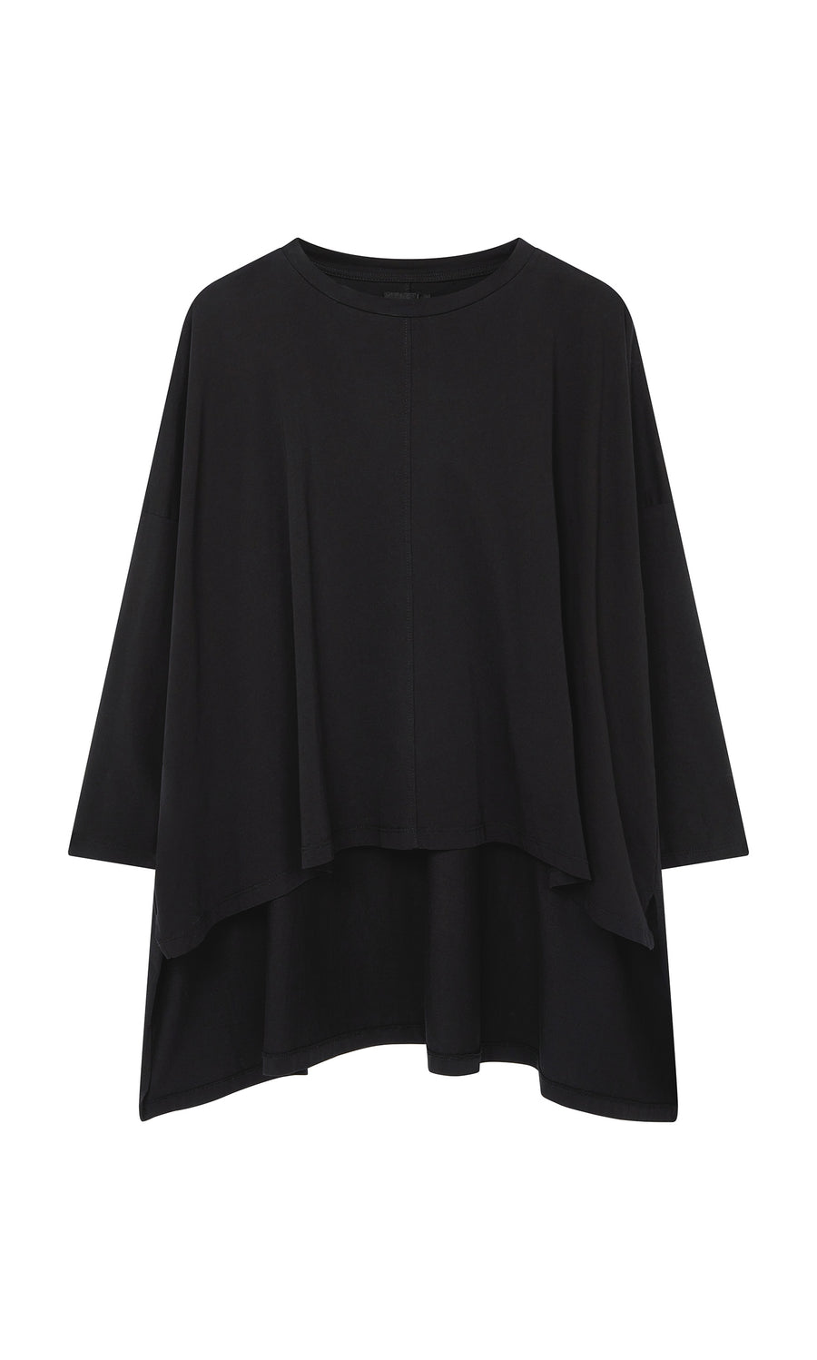Plümo  The Hansen Tee is an oversized black jersey with a layered hem and round neck—a Danish design for casual style.