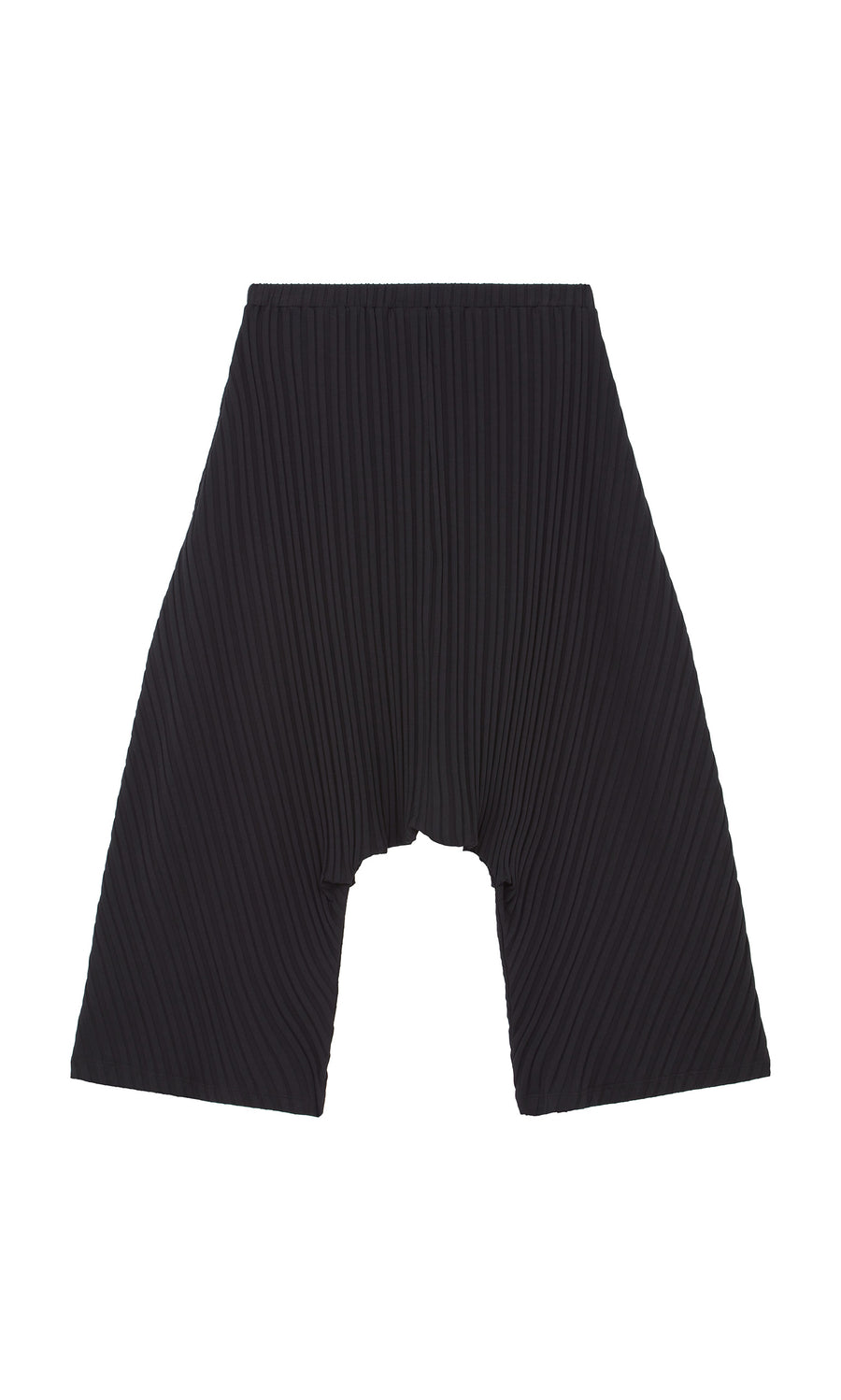Plümo  Acker Pants—black pleated wide-leg shorts with elastic waistband, Danish-inspired, shown flat on white background.