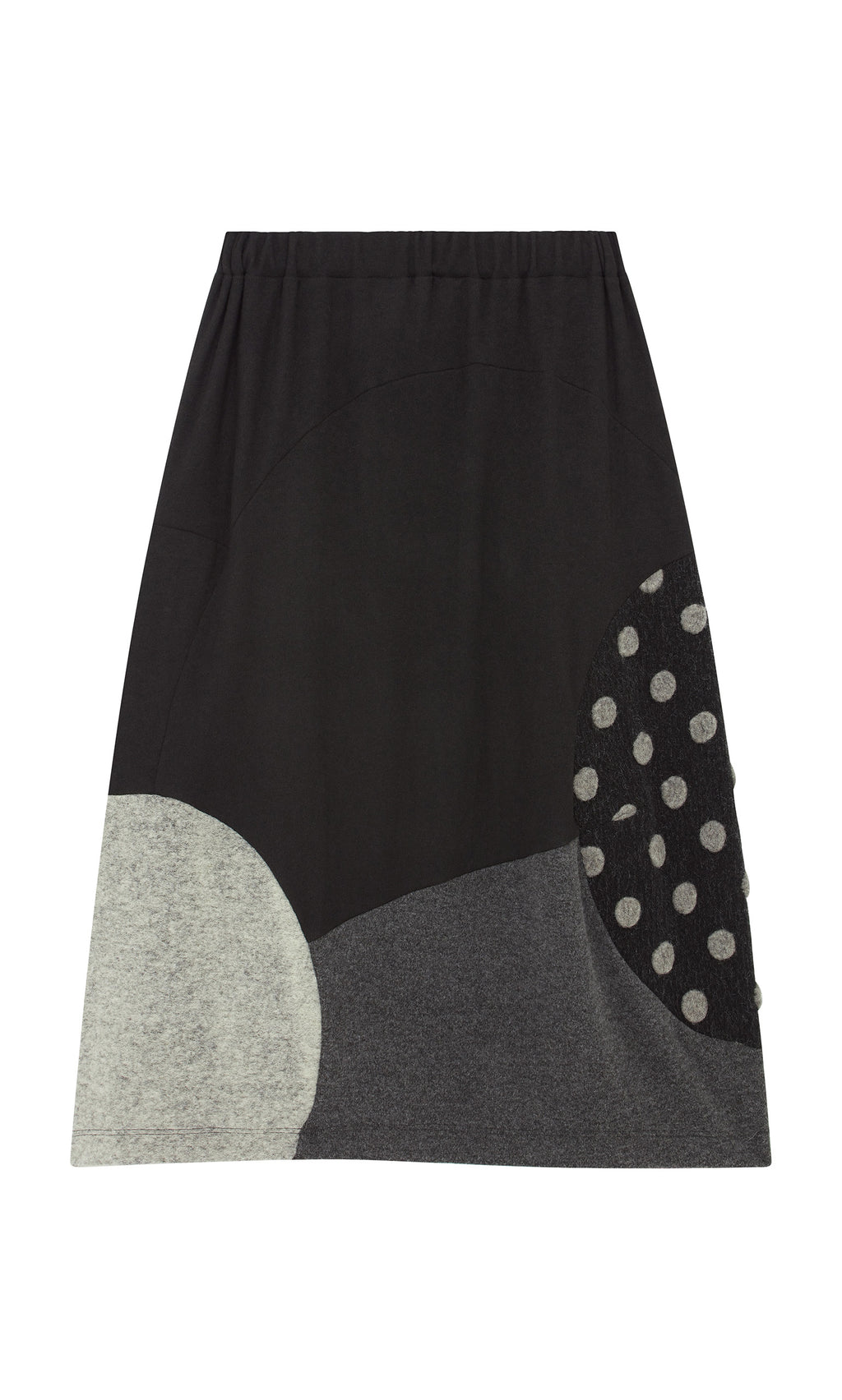 Plümo  Felted Bubble Skirt: black patchwork midi with gray, polka dot patches  comfy elastic waistband.