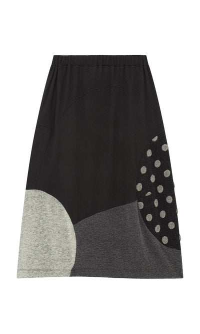 Plümo  Felted Bubble Skirt: black patchwork midi with gray, polka dot patches  comfy elastic waistband.
