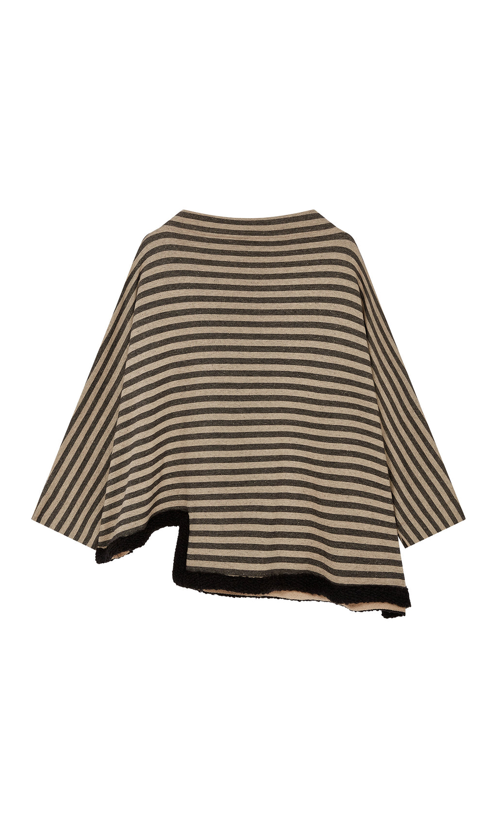 Plümo  The Bloch Funnel Top: beige and black stripes, boucle trim, and an asymmetric cut-out hem.