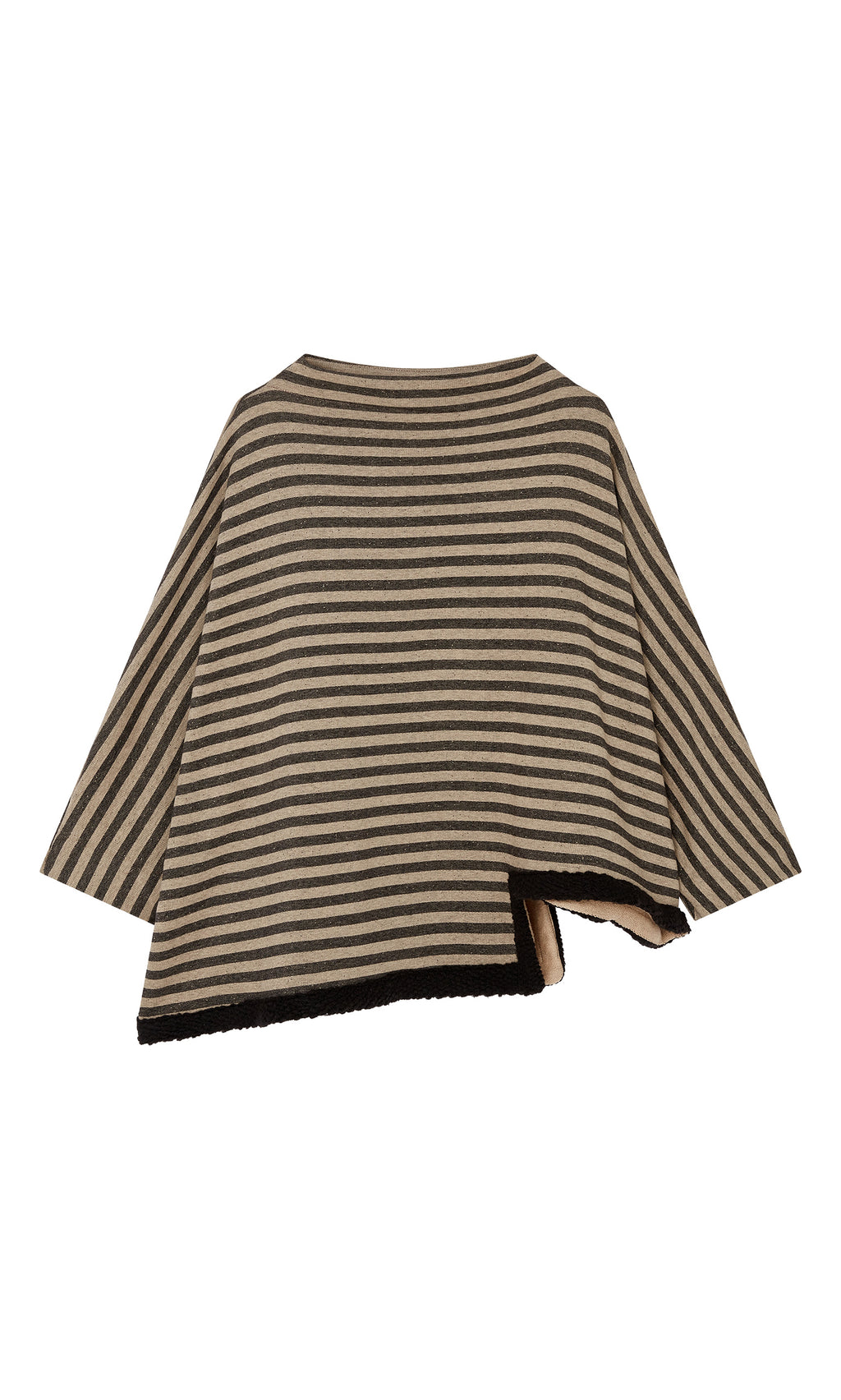 Plümo  Bloch Funnel Top: a taupe and black striped poncho with asymmetric cut-out hem, shown on a white background.