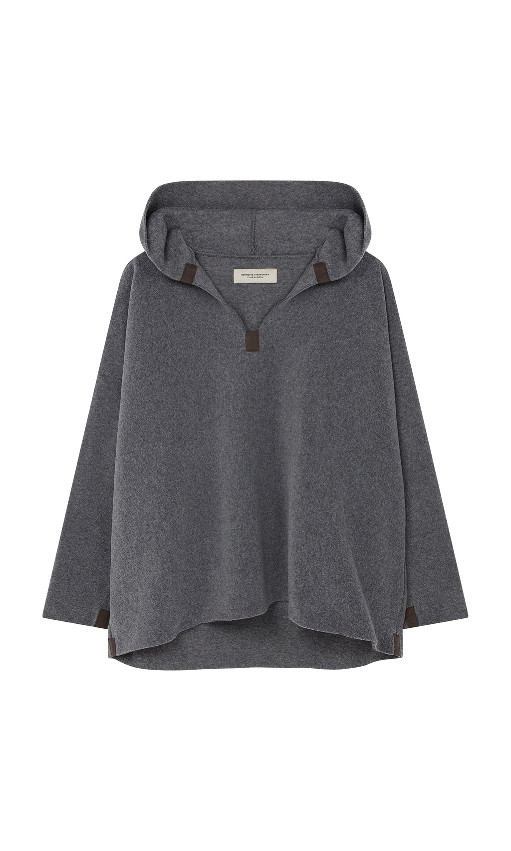 Plümo  Grey Felted Hoodie: loose fit, brown accents, OEKO-TEX certified fabric for safe and comfortable wear.