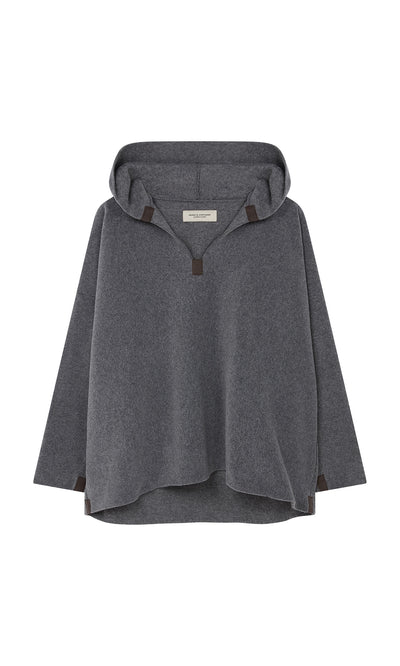 Plümo  Grey Felted Hoodie: loose fit, brown accents, OEKO-TEX certified fabric for safe and comfortable wear.