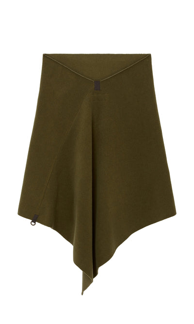 Plümo  Moss Poncho: Olive green, OEKO-TEX certified, asymmetrical skirt with pointed hem and subtle seam details.