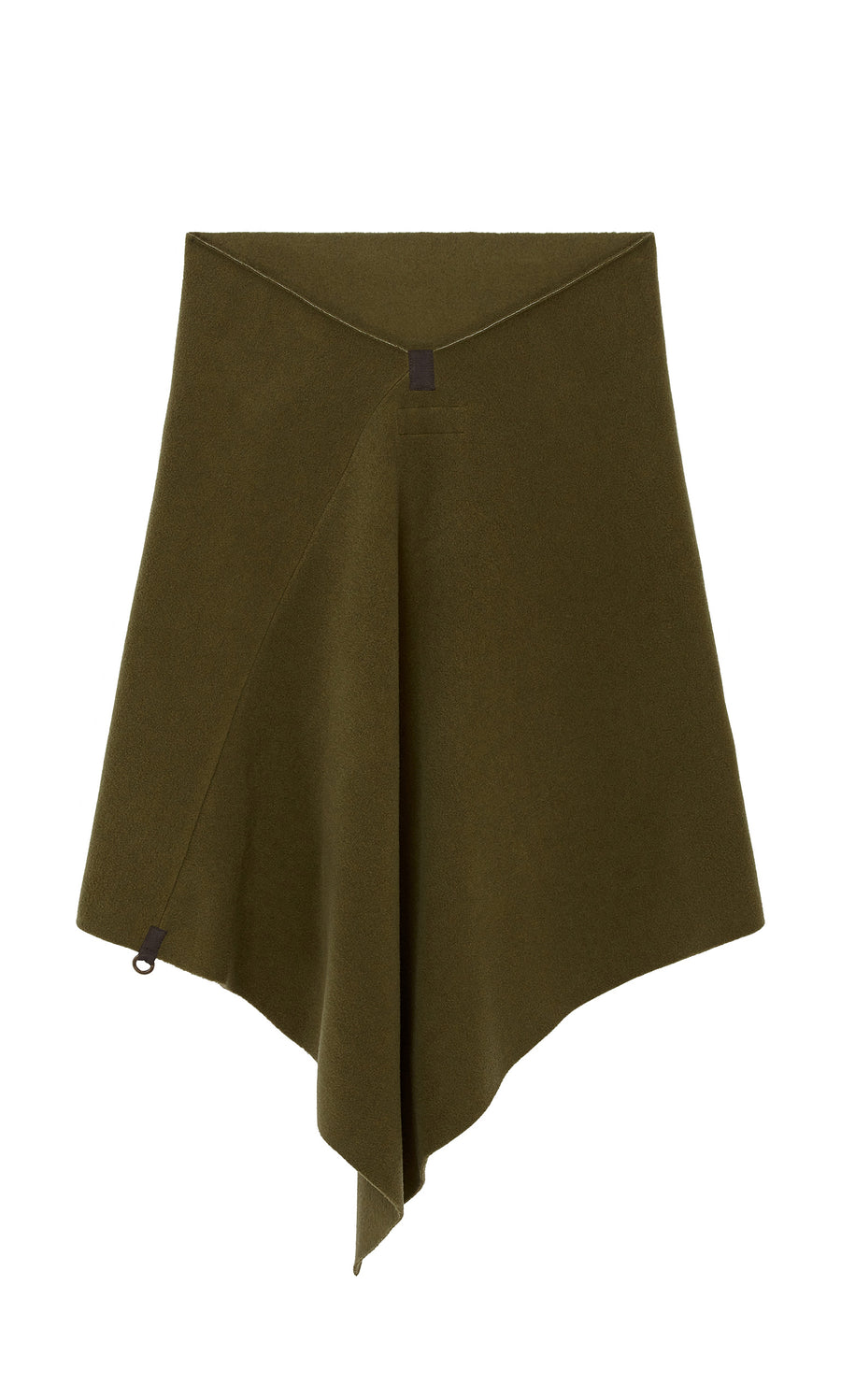 Plümo  Moss Poncho: Olive green, OEKO-TEX certified, asymmetrical skirt with pointed hem and subtle seam details.
