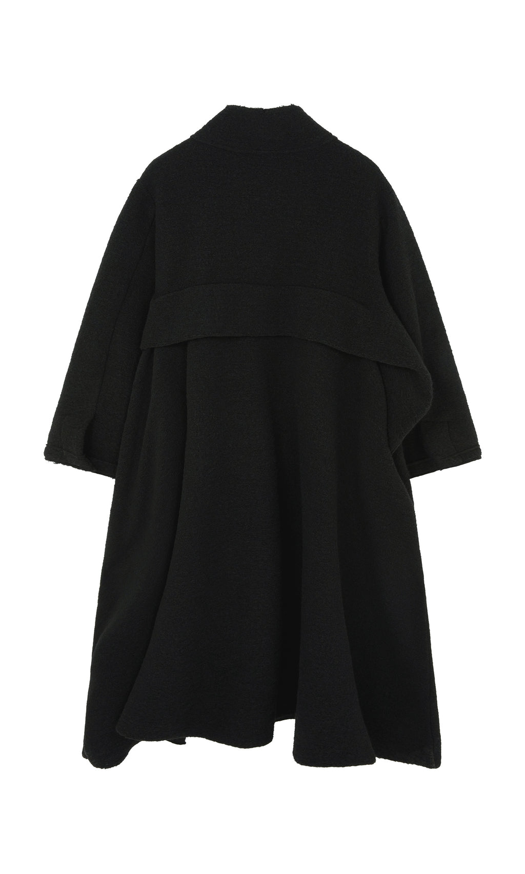 Plümo  Brabant Coat: a loose-fitting black boucle wool coat with wide sleeves and draped back on white background.