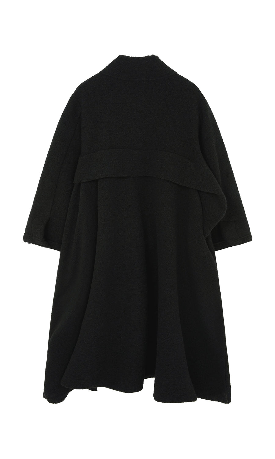 Plümo  Brabant Coat: a loose-fitting black boucle wool coat with wide sleeves and draped back on white background.