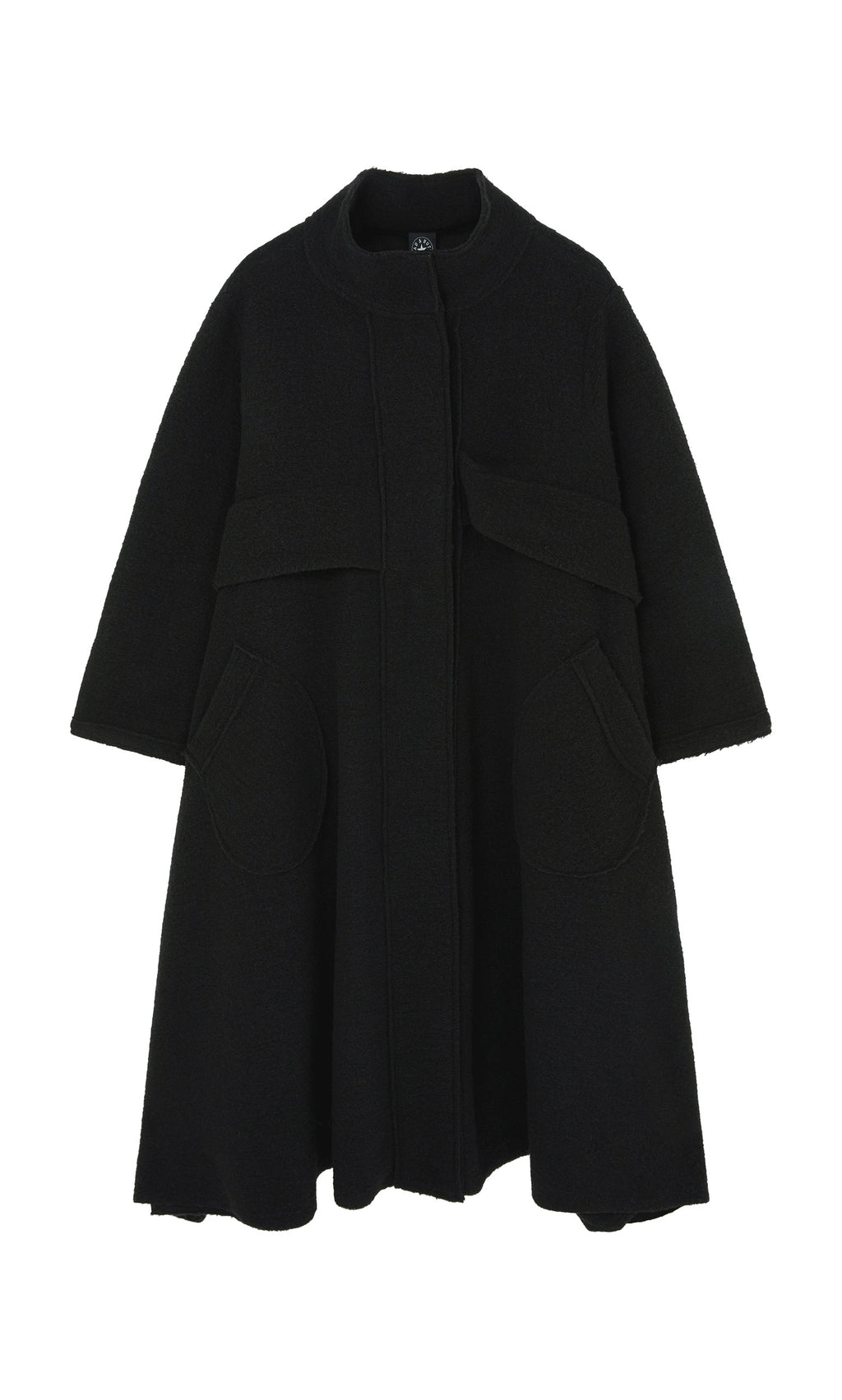 Plümo  Brabant Coat: Black bouclé wool, flared peplum waist, round pockets, high collar—crafted in Italy.