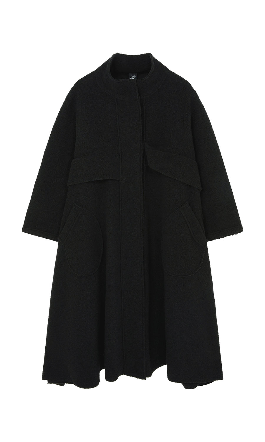 Plümo  Brabant Coat: Black bouclé wool, flared peplum waist, round pockets, high collar—crafted in Italy.