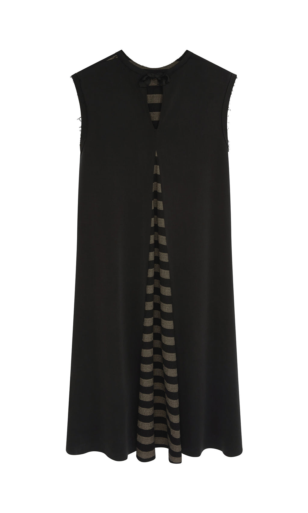 Plümo  The Venlo Stripe Tunic is a sleeveless black layered A-line dress with a front slit and striped detail underneath.