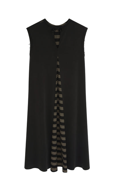 Plümo  The Venlo Stripe Tunic is a sleeveless black layered A-line dress with a front slit and striped detail underneath.