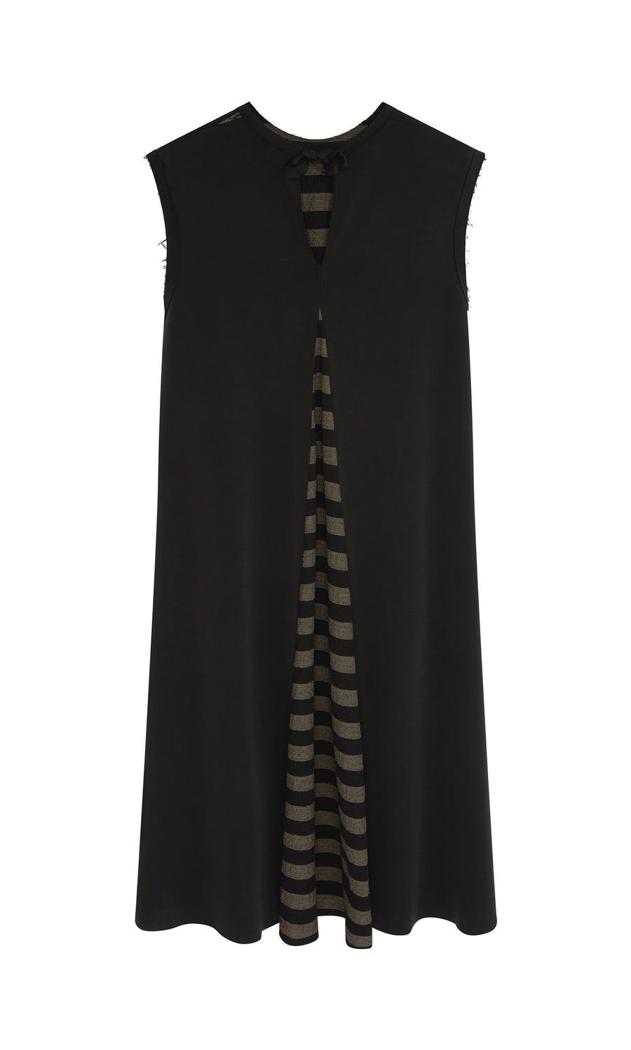 Plümo  The Venlo Stripe Tunic is a sleeveless black layered A-line dress with a front slit and striped detail underneath.