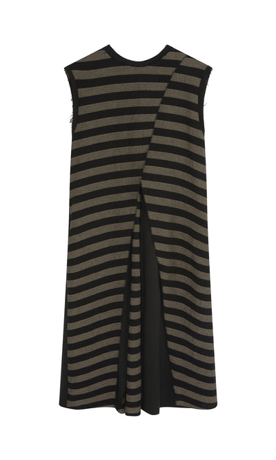 Plümo  Venlo Stripe Tunic: Italian-made, chic A-line with black/taupe stripes and an overlapping sleeveless back panel.