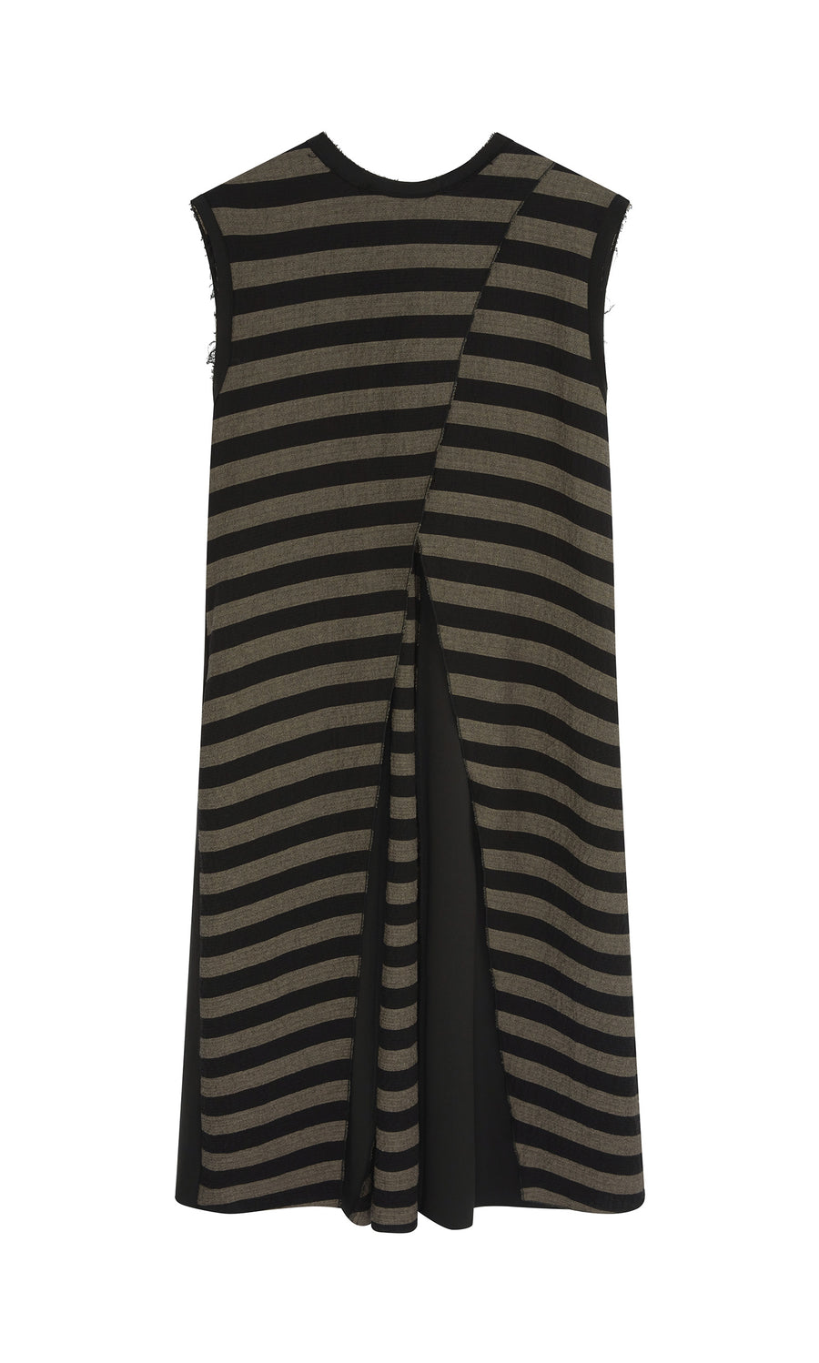 Plümo  Venlo Stripe Tunic: Italian-made, chic A-line with black/taupe stripes and an overlapping sleeveless back panel.