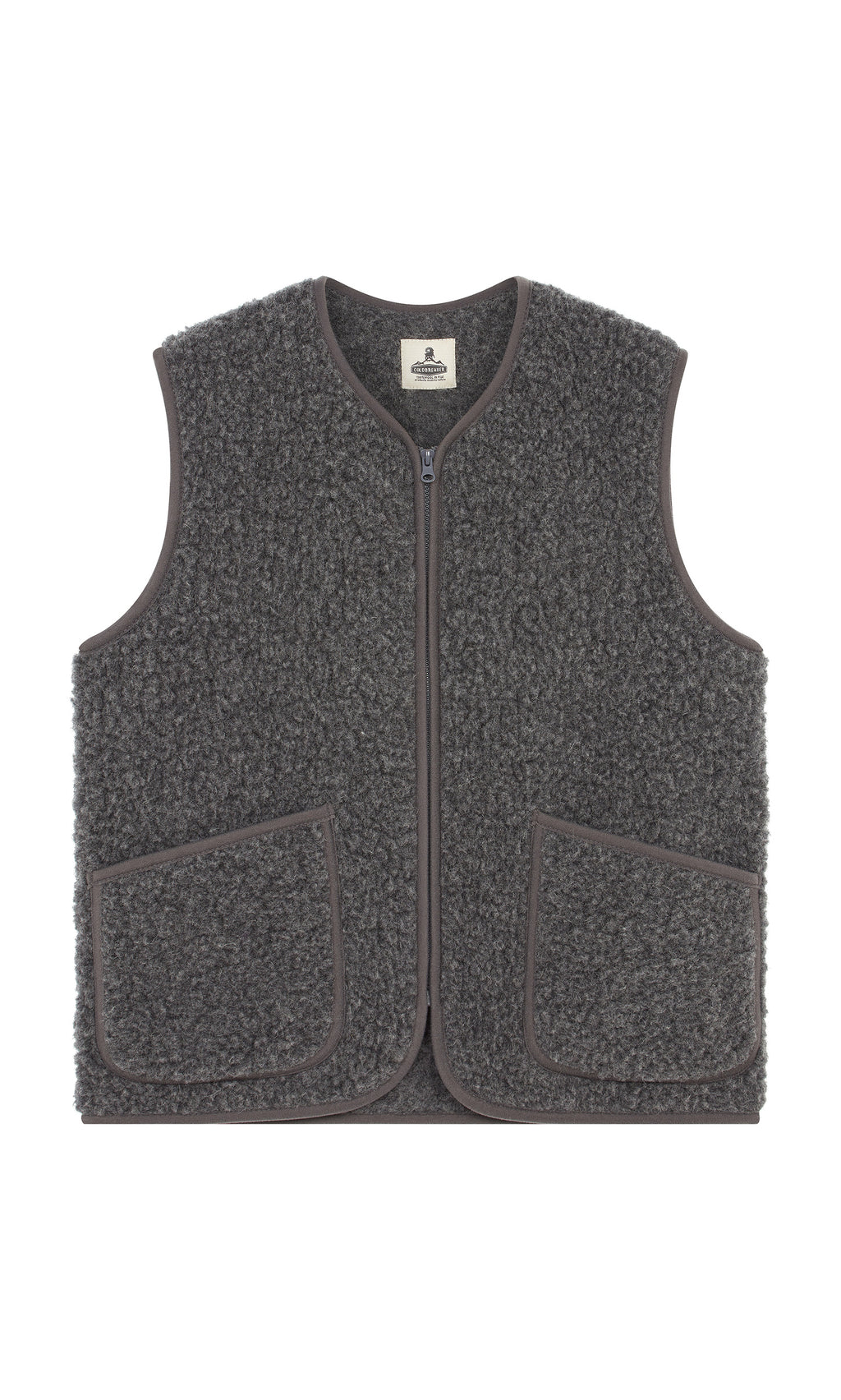 Plümo  Charcoal grey Taussig Gilet sherpa fleece vest with zip front, scoop neck, and two large pockets, shown laid flat.