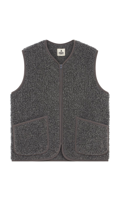 Plümo  Charcoal grey Taussig Gilet sherpa fleece vest with zip front, scoop neck, and two large pockets, shown laid flat.