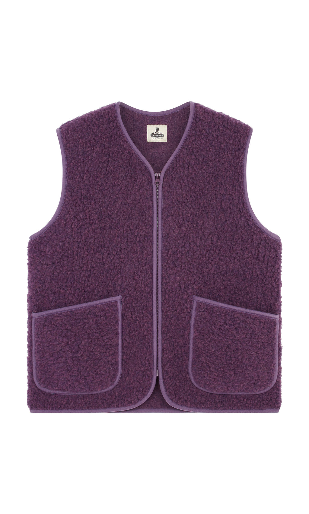 Plümo  Maylin Gilet in purple fleece with two front pockets and zipper, shown on a white background.
