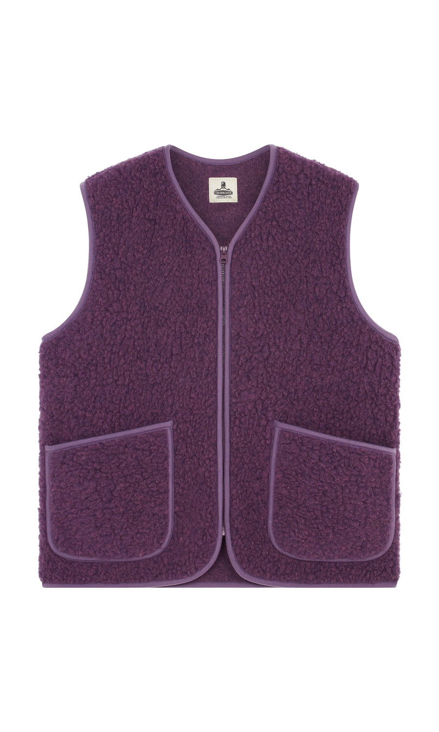 Plümo  Maylin Gilet in purple fleece with two front pockets and zipper, shown on a white background.
