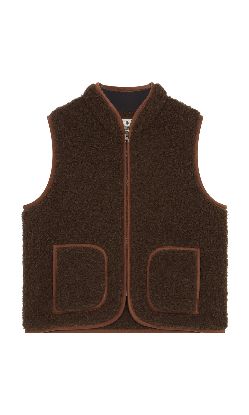 Plümo  Feodor Gilet: dark brown fleece vest with two pockets, zipper closure, and brown trim edges—perfect warm layer.