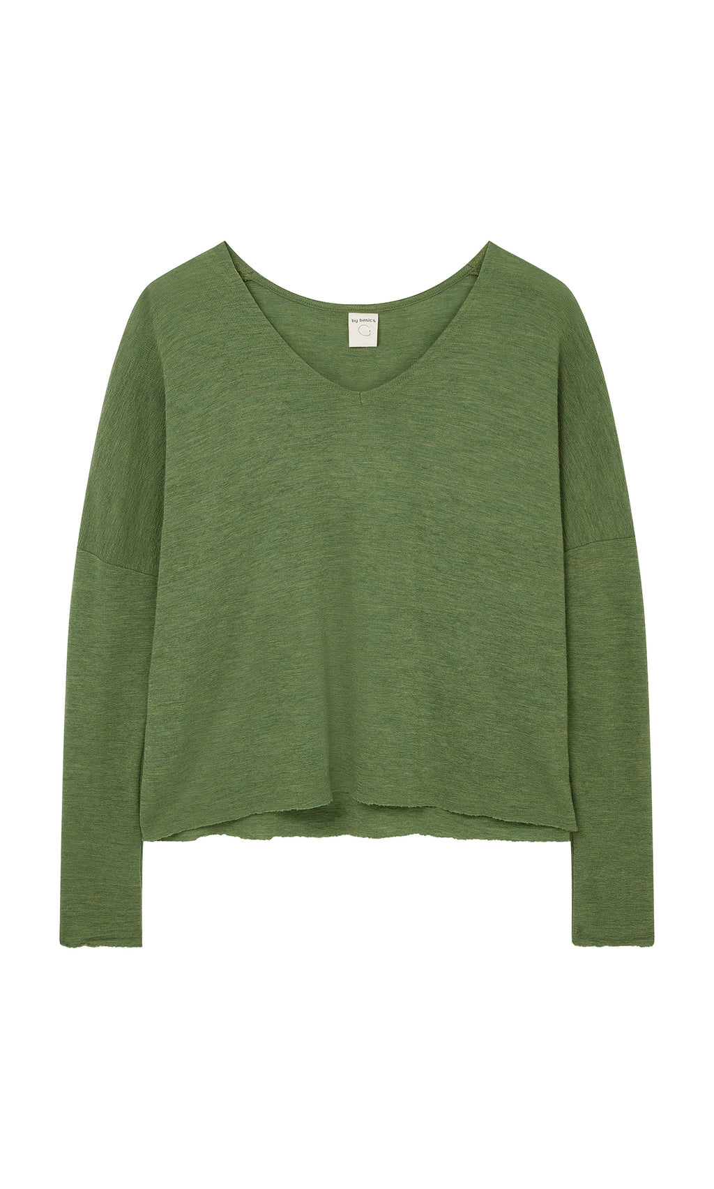 Plümo  Wisher Jumper: Loose-fit marled green Danish top with raw hem, stylishly laid flat on a white background.