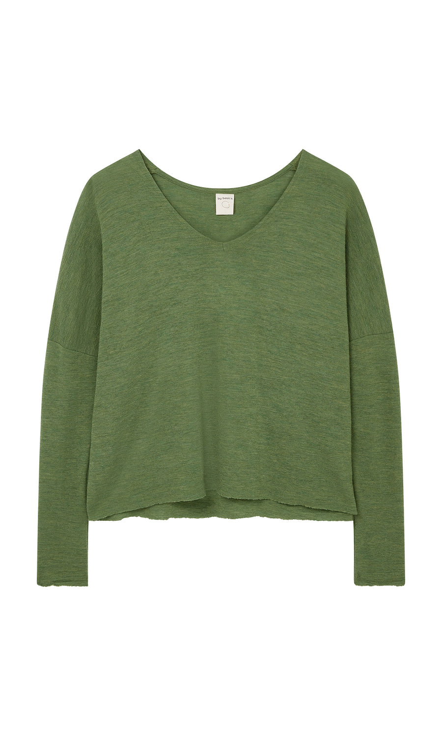 Plümo  Wisher Jumper: Loose-fit marled green Danish top with raw hem, stylishly laid flat on a white background.