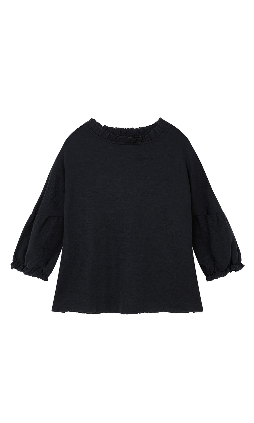 Plümo  Ruffle Top – Caviar: Black long-sleeve Danish-inspired blouse with ruffled cuffs, loose fit, textured fabric.