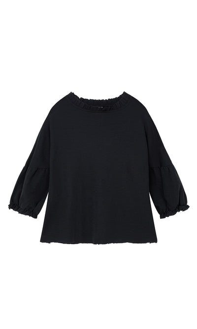 Plümo  Ruffle Top – Caviar: Black long-sleeve Danish-inspired blouse with ruffled cuffs, loose fit, textured fabric.