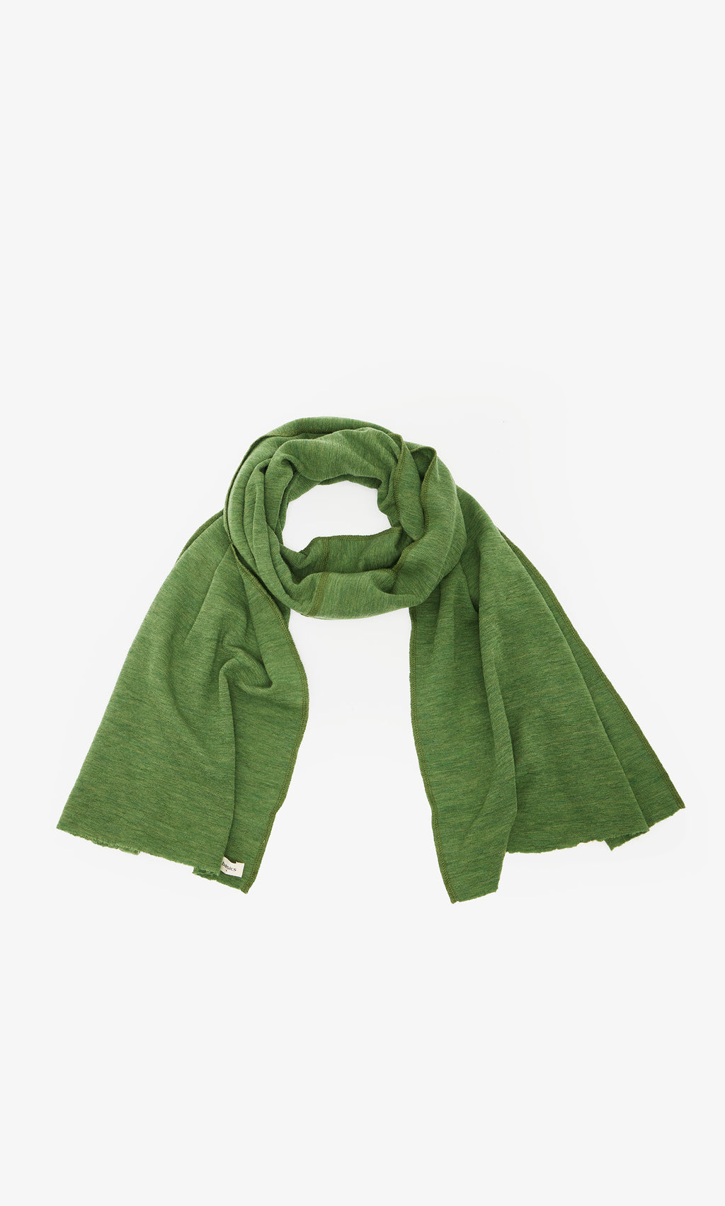 Plümo  The Renee Scarf, a lightweight textured merino wool in olive green, draped loosely on a white background.