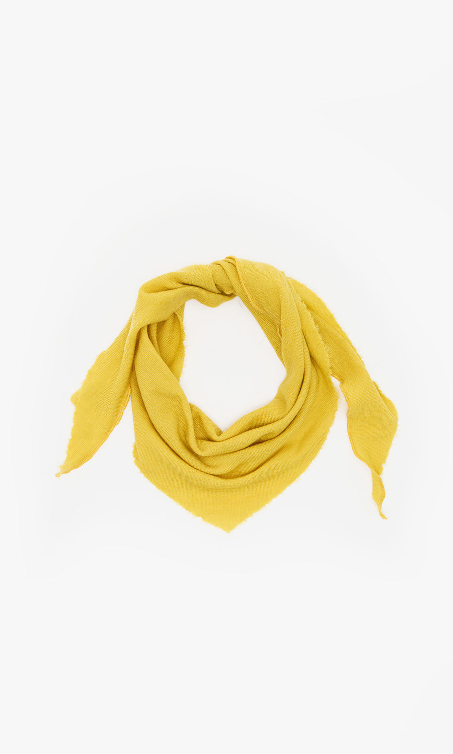 Plümo  Norma Necktie in yellow wool, folded circularly on white, featuring Danish-inspired design elements.