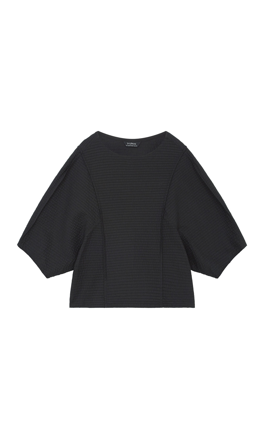 Plümo  Boxy black Poko Top with wide sleeves, textured cotton fabric, and a round neckline, shown flat on white background.