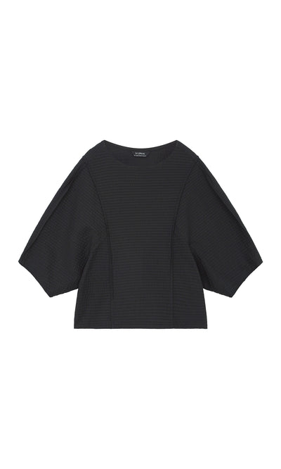 Plümo  Boxy black Poko Top with wide sleeves, textured cotton fabric, and a round neckline, shown flat on white background.