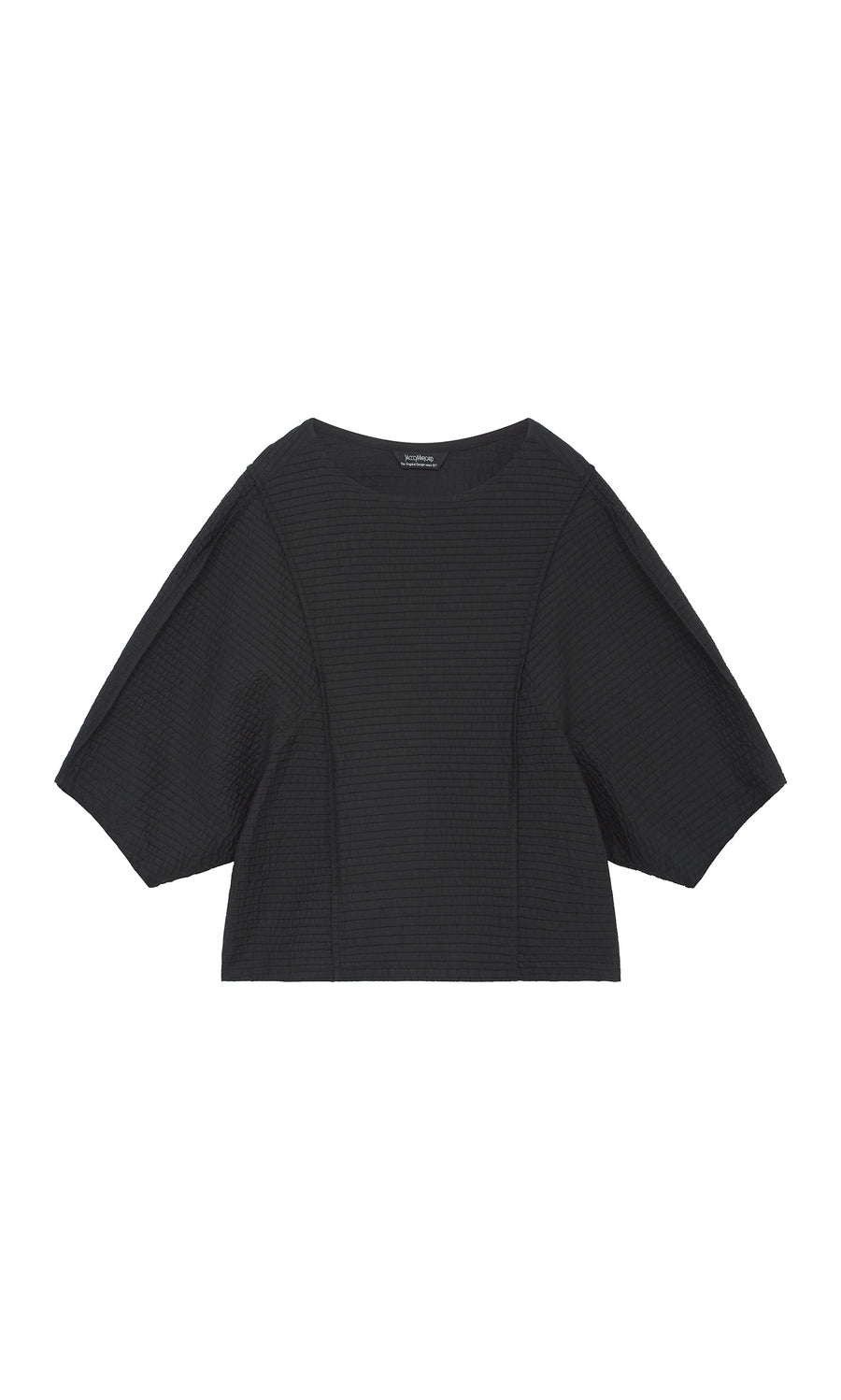 Plümo  Boxy black Poko Top with wide sleeves, textured cotton fabric, and a round neckline, shown flat on white background.