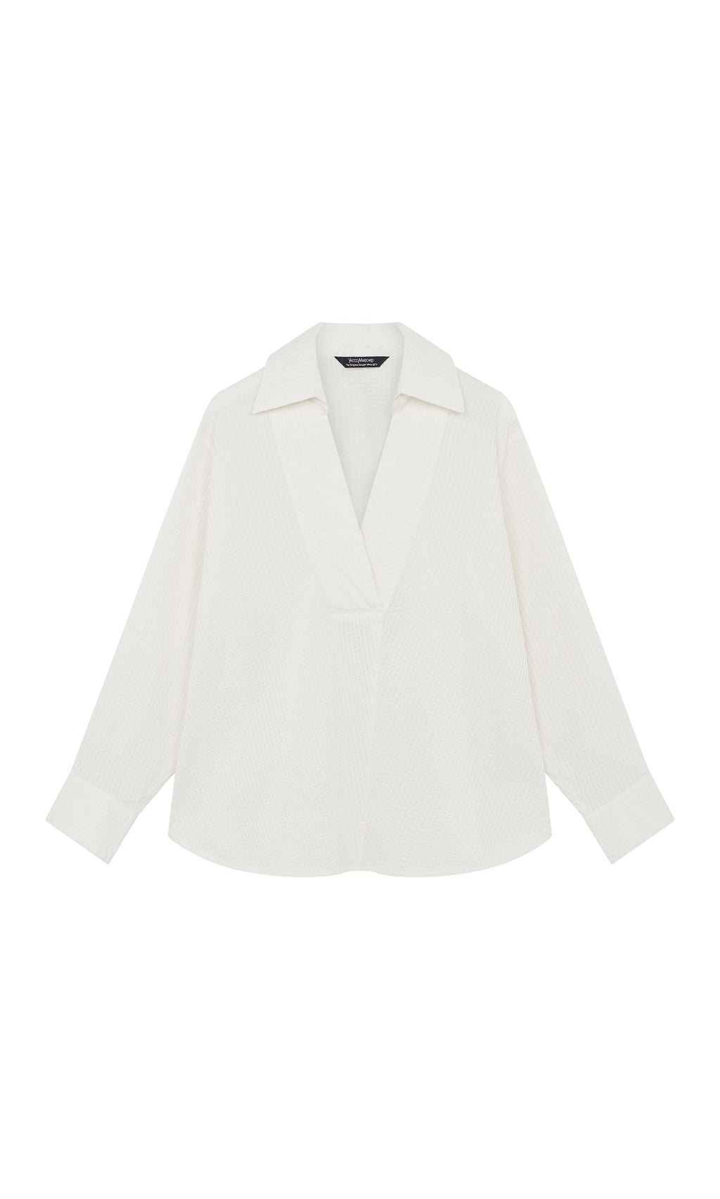 Plümo  Kaburi Shirt: White textured long-sleeve blouse with wide cutaway collar, V-neck, and Yacco Maricard-inspired design.