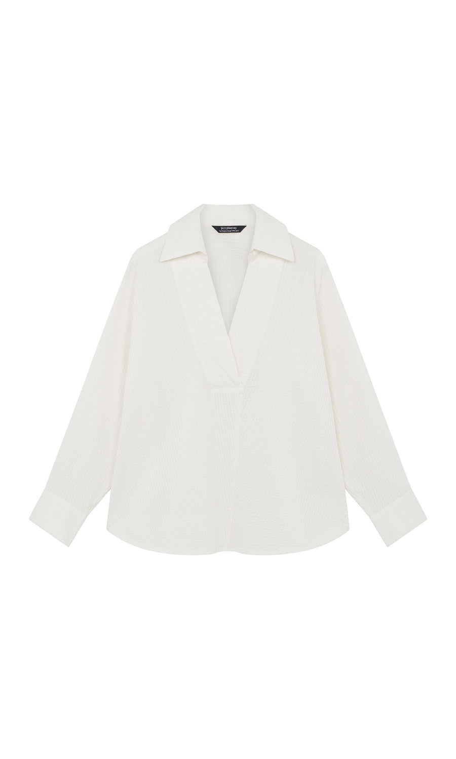 Plümo  Kaburi Shirt: White textured long-sleeve blouse with wide cutaway collar, V-neck, and Yacco Maricard-inspired design.