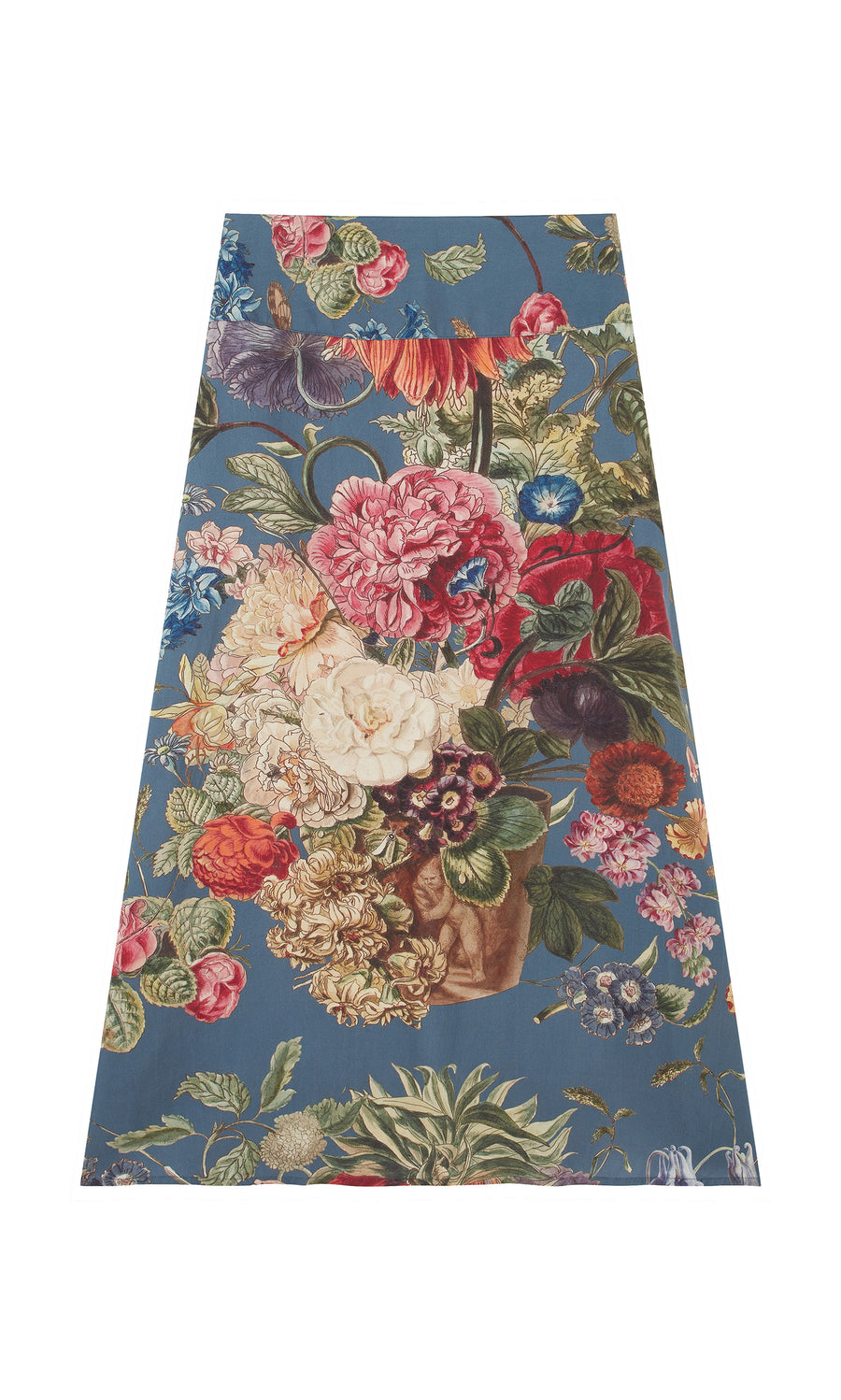Plümo  The Aubrey Skirt: a blue organic floral print with a colorful bouquet design, perfect for sustainable style.